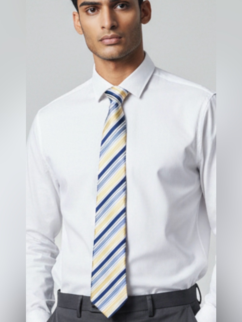 Tommy Hilfiger White Dress Shirt with Blue & Yellow Striped Tie